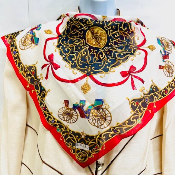 (2) Unused MiniScarfs19" : Celine Paris Red carriage horse +Blooming Floral (40) - Picture 10 of 12